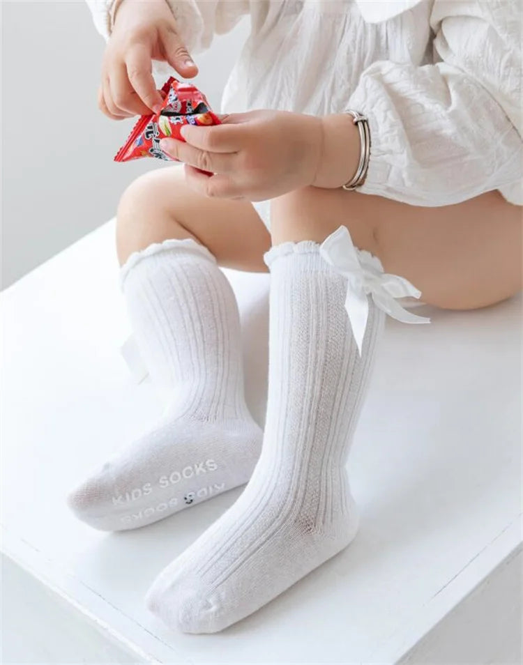 3Pairs/set Baby Girls Big Bow Knee High Socks Spring Autumn Children Non-slip Floor Sock Infant Toddler Princess Stockings 0-3Y