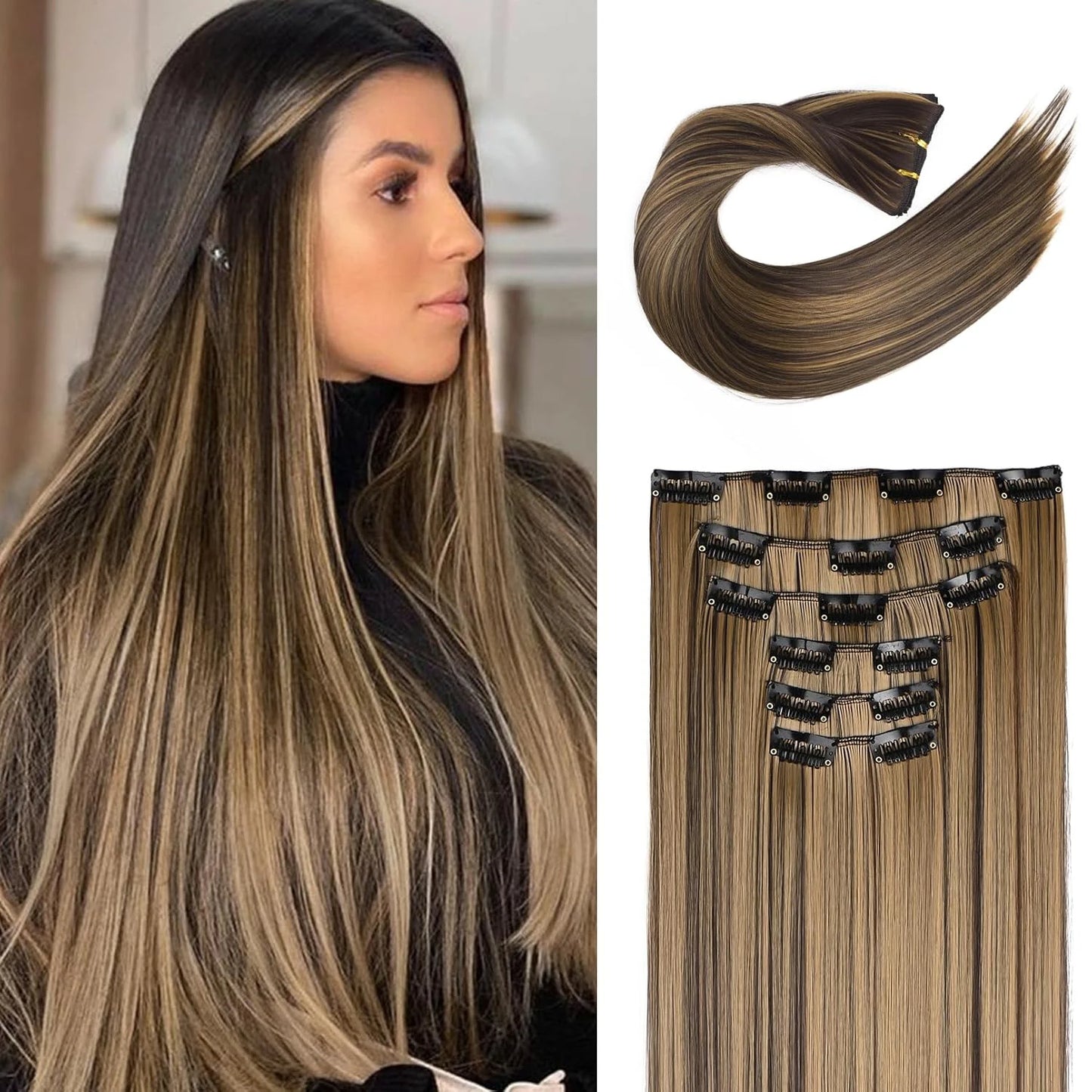 Synthetic Clips in Hair Extensions 6Pieces/Set 24 Inch Long Straight Extensions for Women Hairpiece