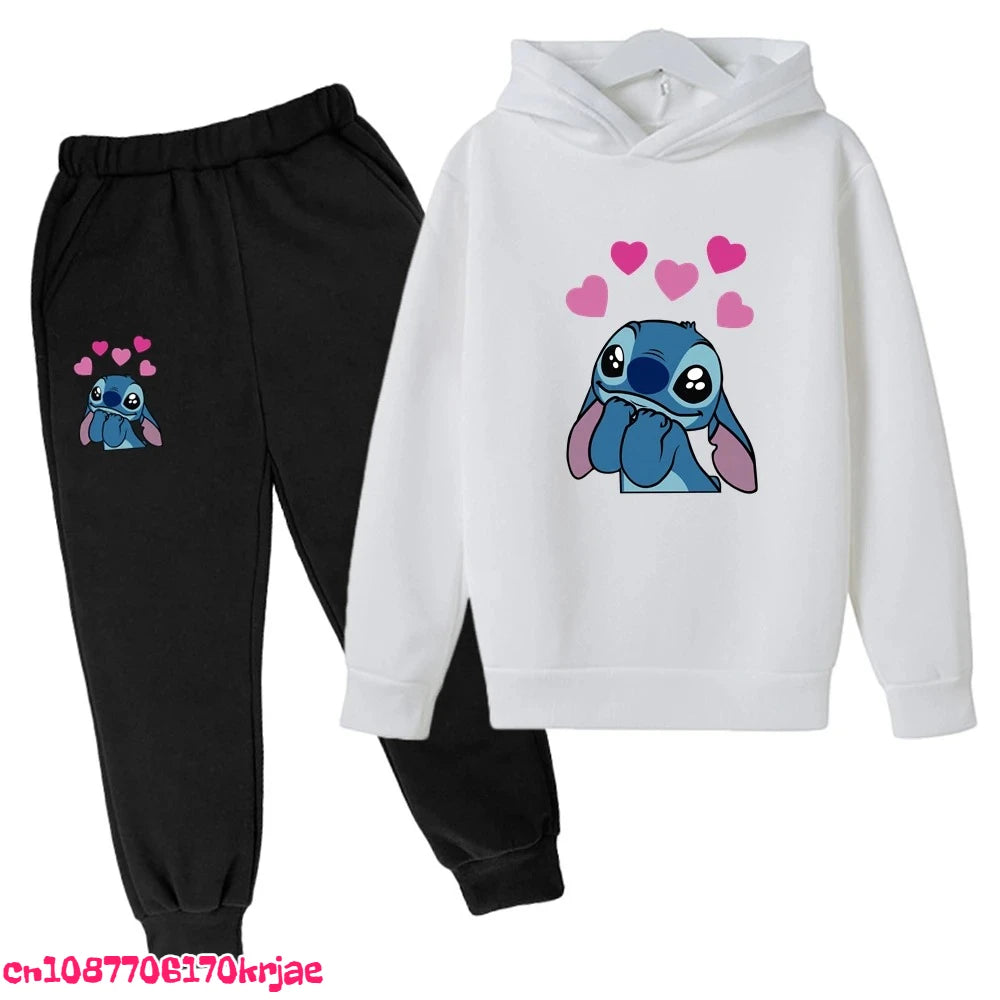 2025 Stitch Children's Hoodie Clothing Leisure Outerwear Black Sweatshirt +pants Set Suitable 3-12 Years Boys Girls Gift Spring