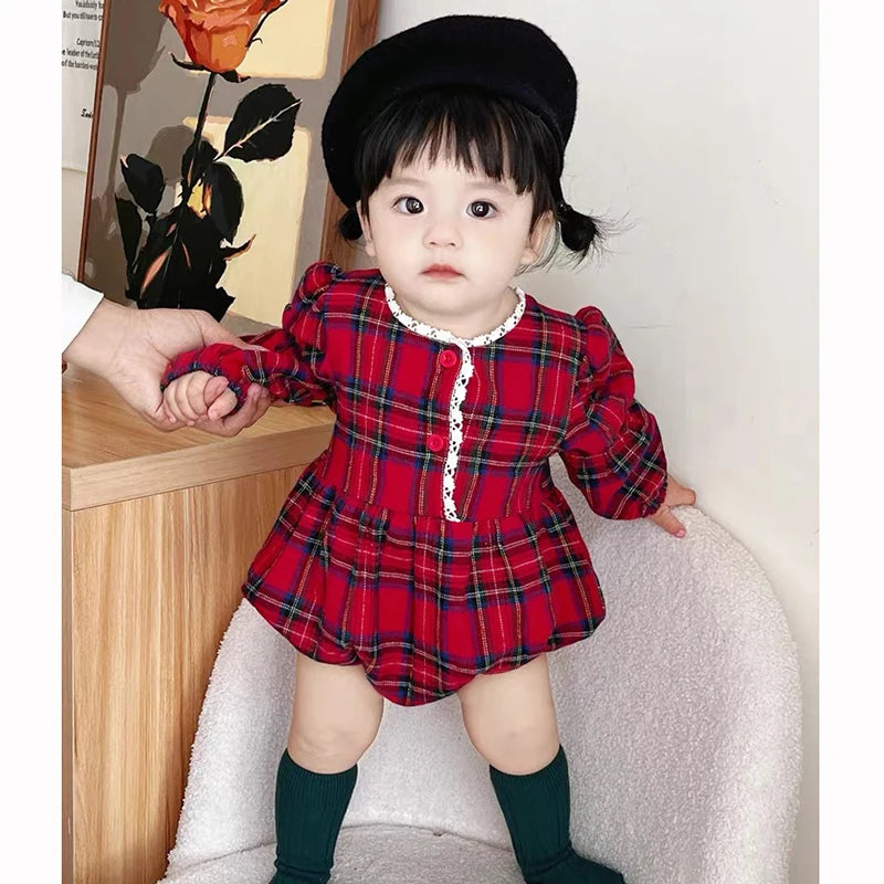 2025 Christmas New Infant Baby Girl Bodysuits Lace Cotton Red Grid Newborn Baby Girl Jumpsuit New Year Party Children Clothes