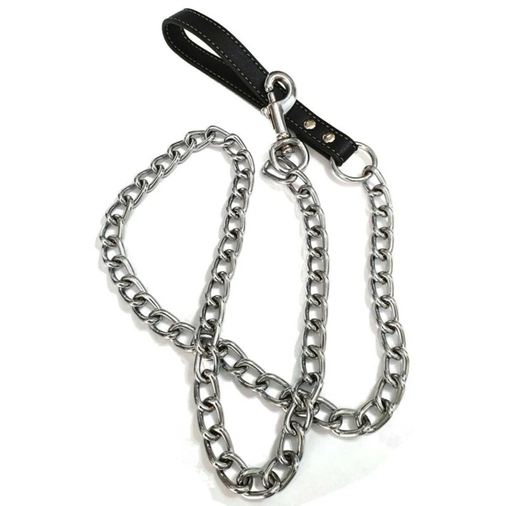 Durable Pet Dog Chain Metal Leash For Small Medium Dog PU Handle Leather Iron Chain Leash Anti-Bite Chain Dog Accessories