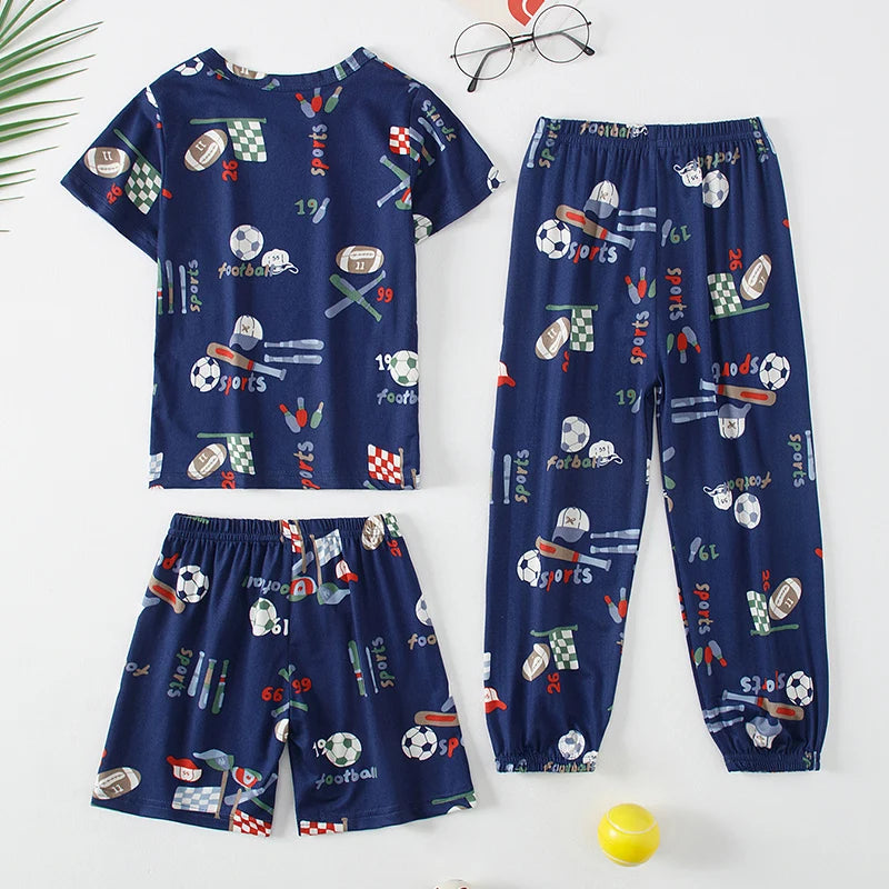 3-Piece Set of Children's Ball Printed Short-Sleeved Vest, Shorts, Pants Combination Set, Boys' Comfortable Pajamas Home Clothes