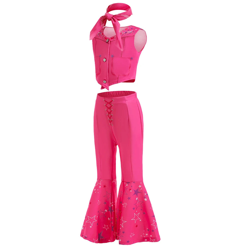 Girls Margot Movie Cospaly Costume Pink Vest Top And Flared Trousers For Kids Barbe Halloween Birthday Party Carnival Outfits