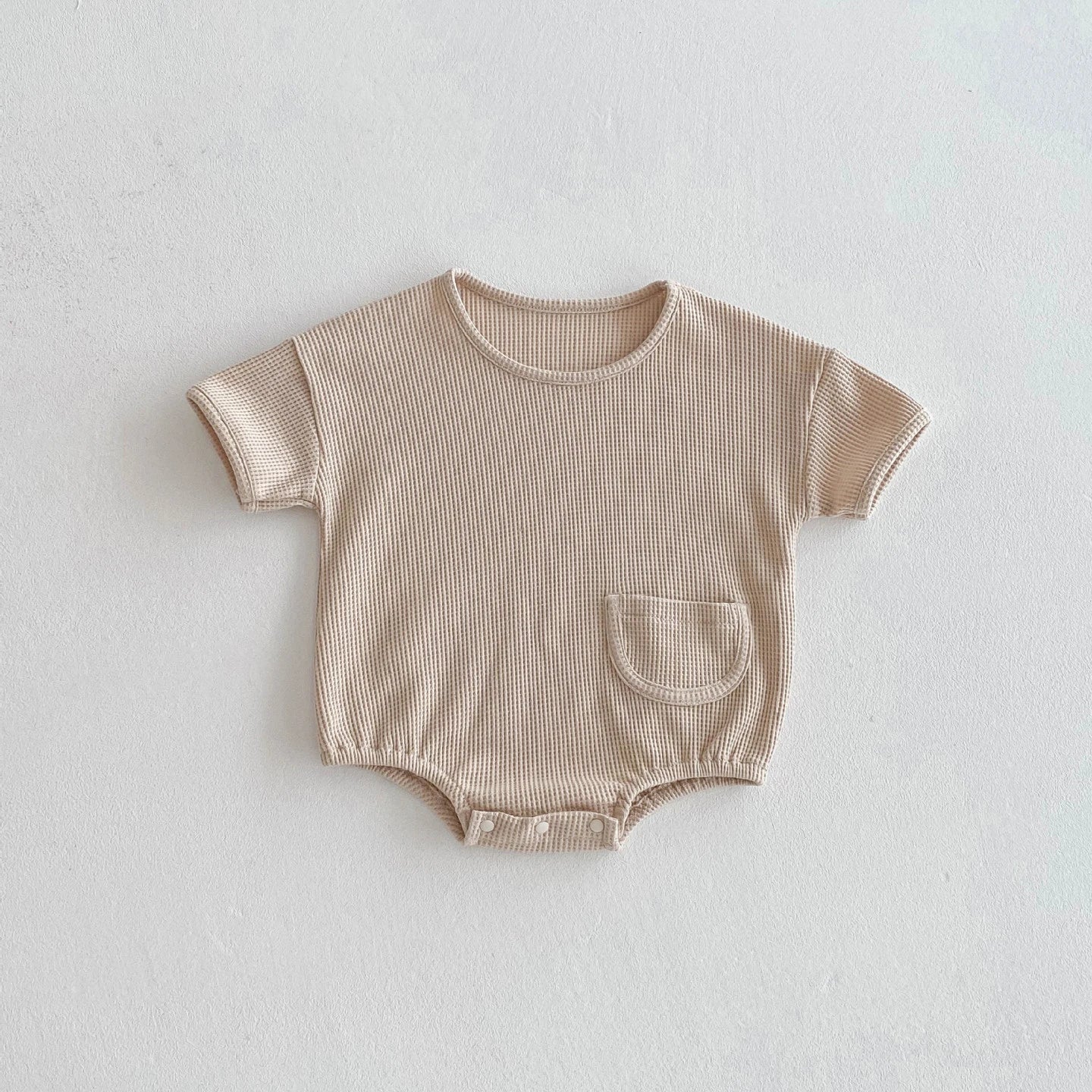 New Korean Style Baby Summer Cotton Simple Comfortable Short - Sleeve Waffle - Knit Onesie with Small Pocket Decoration Romper