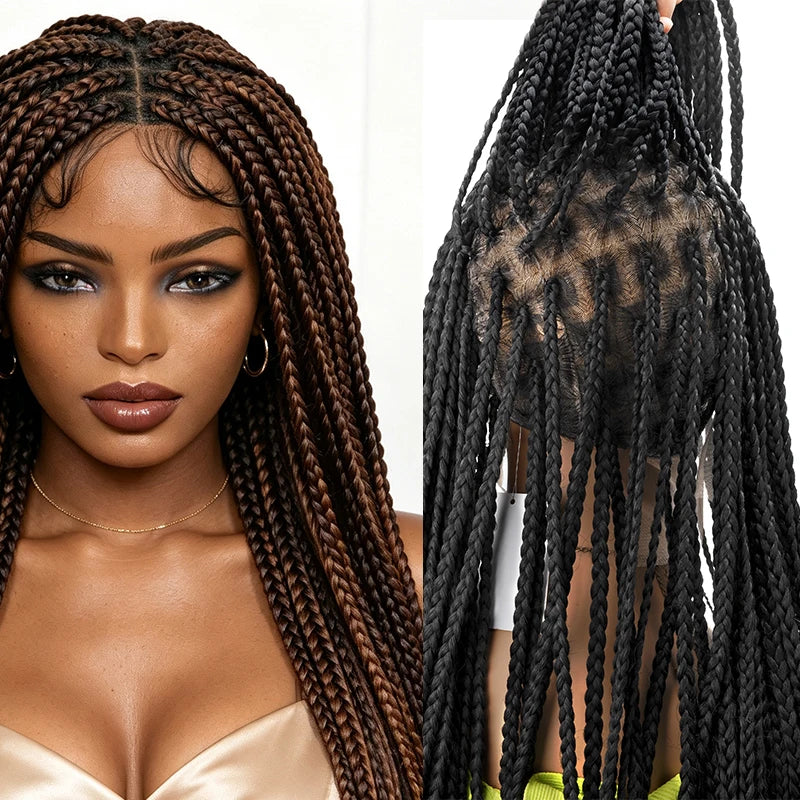 36" Knotless Box Braided Wig African black Women wig Full Lace Synthetic Braiding Hair Long Senegalese Twists wig Baby Hair
