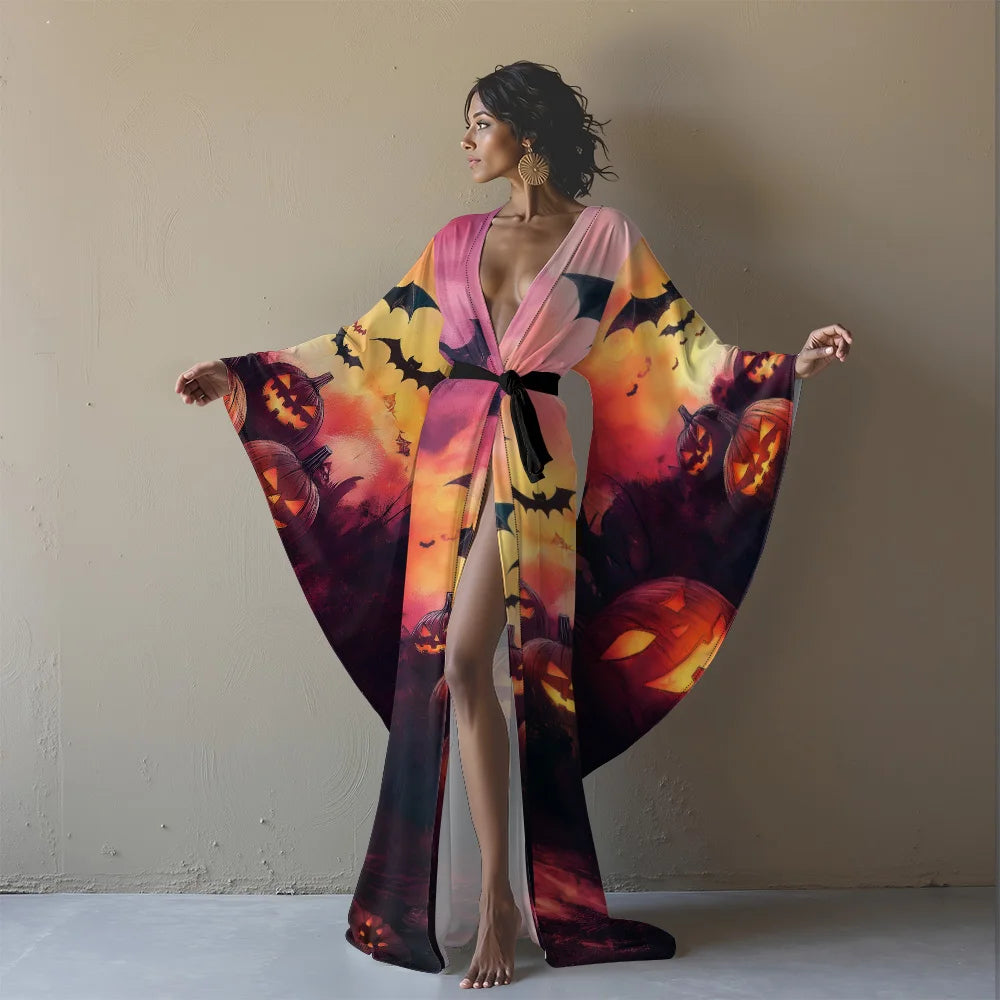 Halloween Sexy V-Neck Robe with Ghost Print High Slit & Bat Sleeves Kimono - Women's Party Costume Funny Cool Cosplay Wear