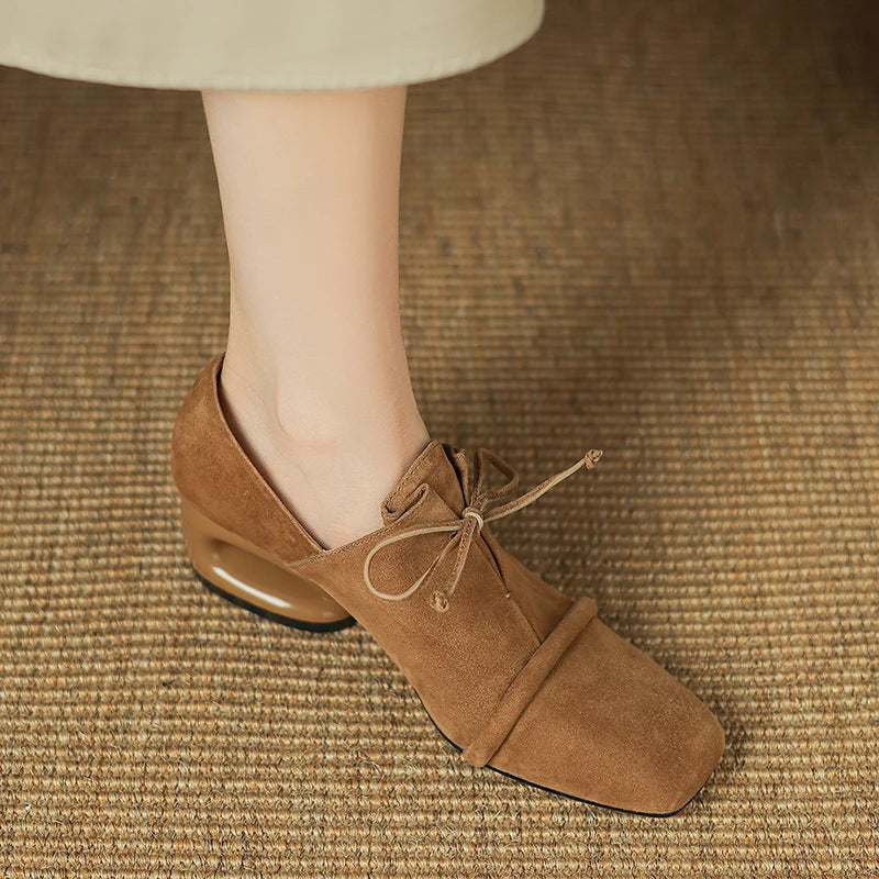 2025 New Women Pumps Sheep Suede Leather Shoes for Square Toe Low Heel Shoes Casual Lace-up Handmade Shoes 34-42 Women Heels