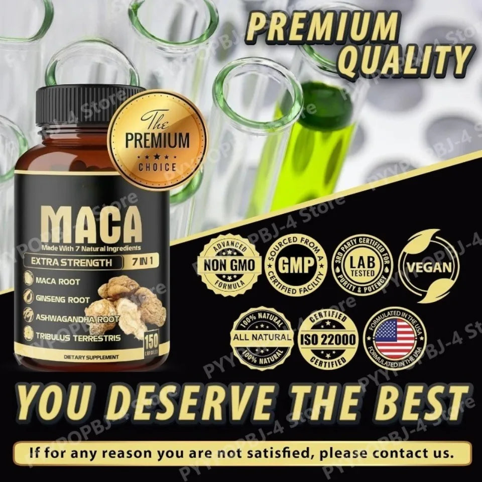 Maca Root Capsules 7-in-1 with Ashwagandha, Ginseng, Tribulus, Shilajit, Shatavari & Black Pepper, Extra Strength, 150 Count