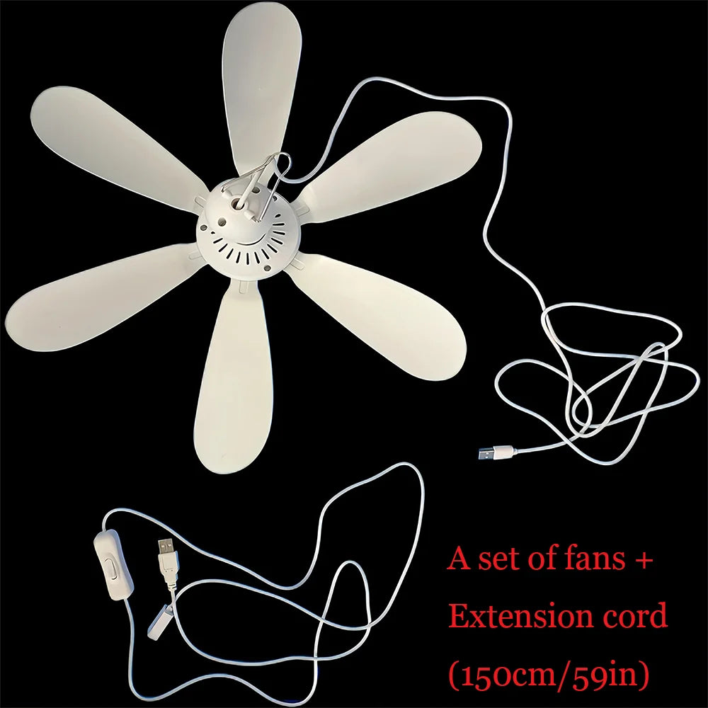 1 Set of USB Mini Quiet Ceiling Fans for Camping, Emergency Portable Outdoor Hanging Fans for Gazebos, Sheds, Dorms, Silent Fans with Extension Cord, White Fan