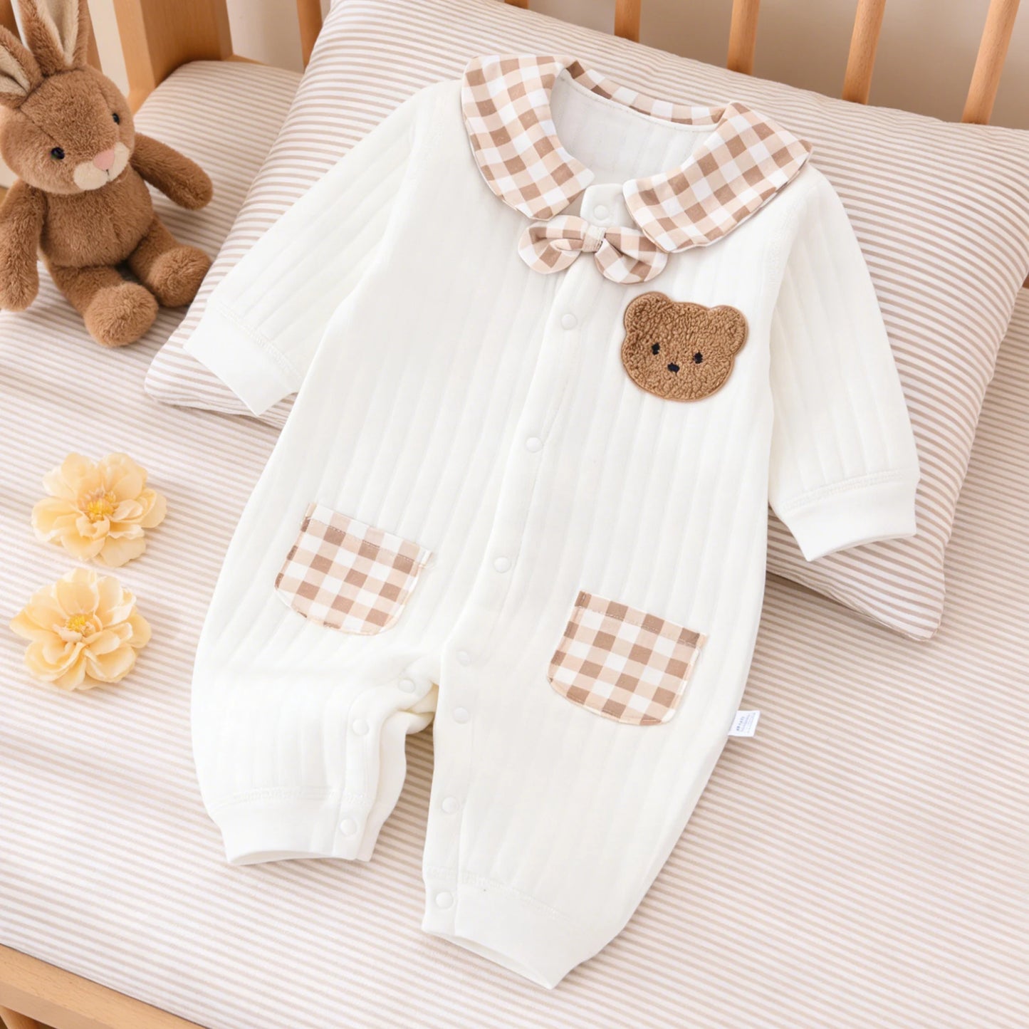 Newborn Baby Jumpsuit Clothes Winter Thickened Romper  Boys Girls Cute Embroidery Bear Bodysuit Autumn Clothing 0-1-3-6M