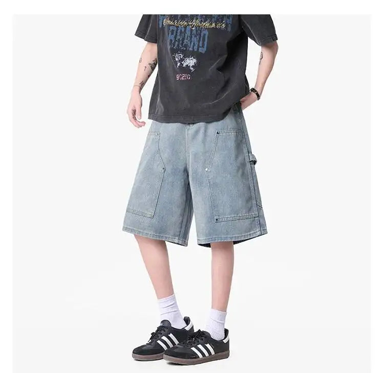 IEFB Workwear Men's Denim Shorts Multi Pocket Wide Leg Baggy Fit Casual Summer Streetwear Casual Cargo Jeans 9X2957