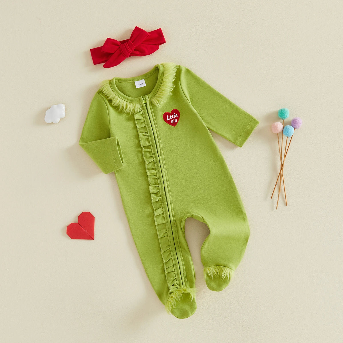 Baby Girls Christmas Ruffles Zipper Romper Green Plush Trim Jumpsuits and Headband Winter Baby Playsuits Clothes