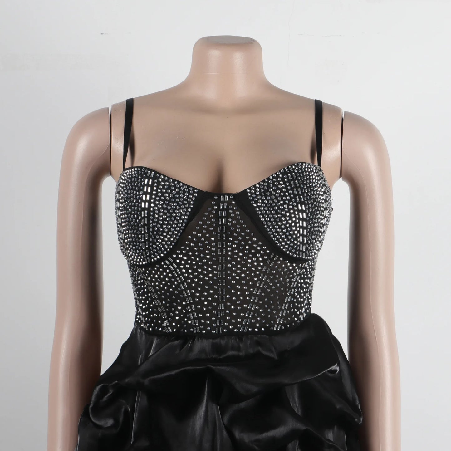 HBLL Sexy Rhinestone Bodycon Ruched Puff Suspenders Dresses Women Sheer Mesh Birthday Party Night Clubwear Summer Dresses Robes