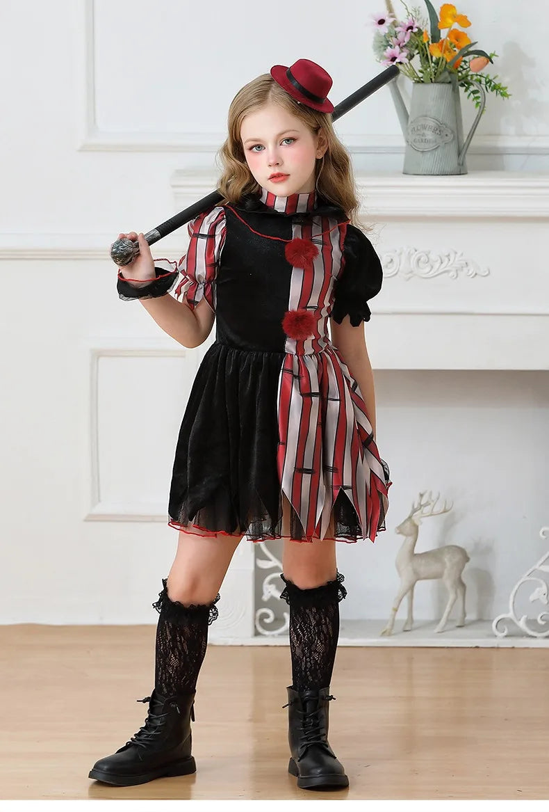 Halloween Cosplay Costumes Horror Clown Dresses Pants Headwear Clothes Sets Carnival Theme Party Role Playing Outfits for Girls