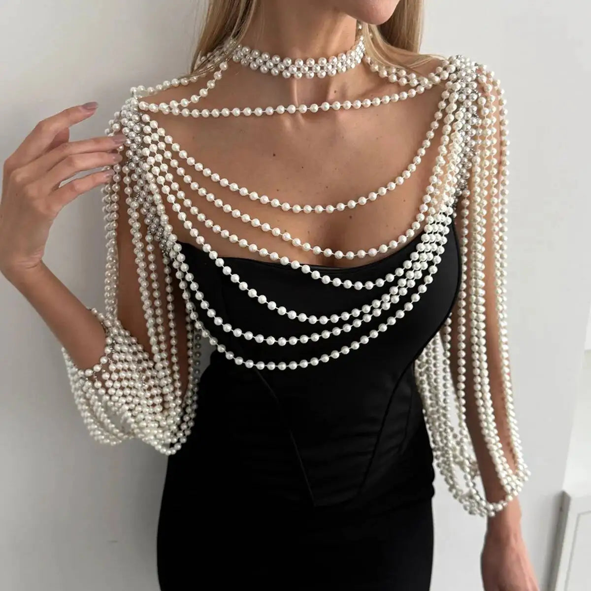 KunJoe Luxury Multi-layer Imitation Pearl Shawl Body Chain Women Elegant Long Necklace Body Jewelry Bride Wedding Accessories