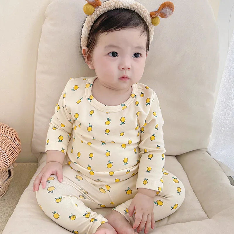  Fall Baby Pajamas Set 0-3Y Girls Lemon Printed Sleepwear 2Pcs Infant Boys Underwear High Waist Belly Protection Home Clothes