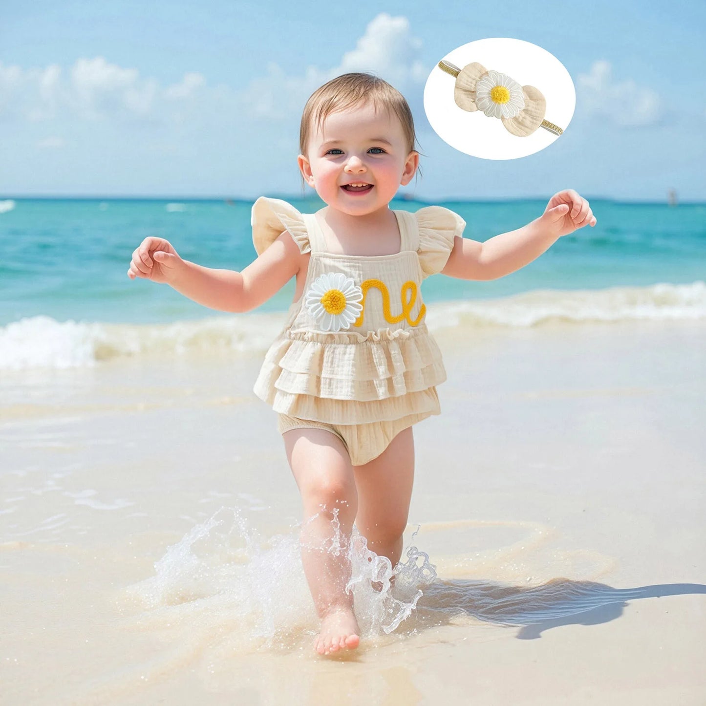 Newborn Baby Girls 1st Birthday Romper Dress Summer Cute Daisy Letter Embroidery Fly Sleeves Ruffles Jumpsuit and Headband Set