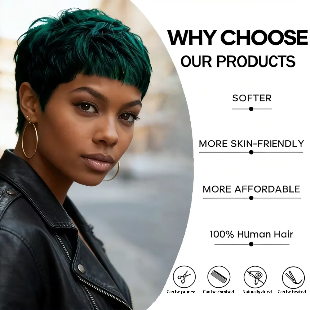 Green Short Straight Layered Bangs Hight Density Pixie Cut Human Hair Wig For Women Full Machine Made Wig