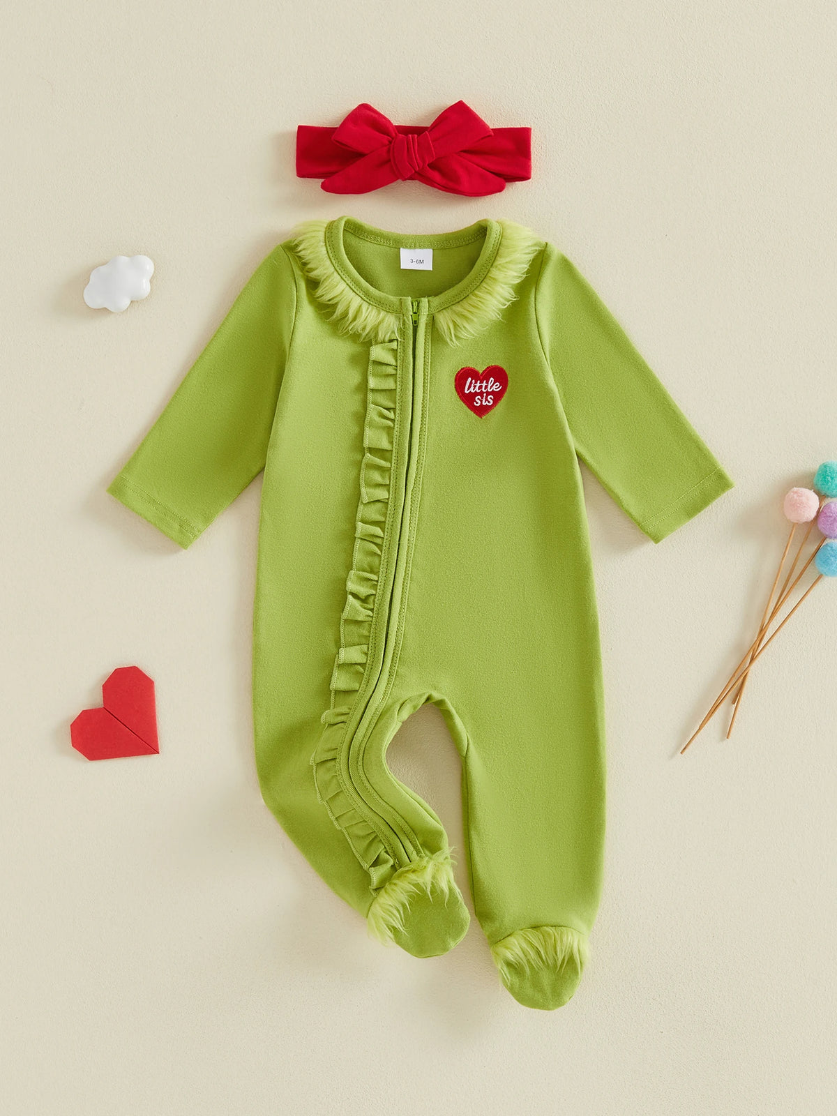 Baby Girls Christmas Ruffles Zipper Romper Green Plush Trim Jumpsuits and Headband Winter Baby Playsuits Clothes