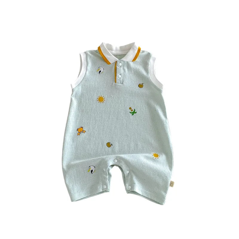 2026 New Summer Baby Fashion Cartoon Printed Cotton Soft Sticky Collar Sleeveless Climbing Clothes