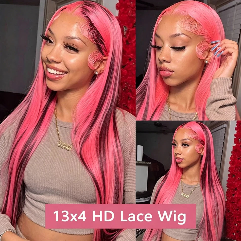 Pink Highlight Colored Human Hair Wigs Woman 13x4 Transparent Lace Front Wig On Clearance Sale Lace Frontal Wig Glueless HD Wigs