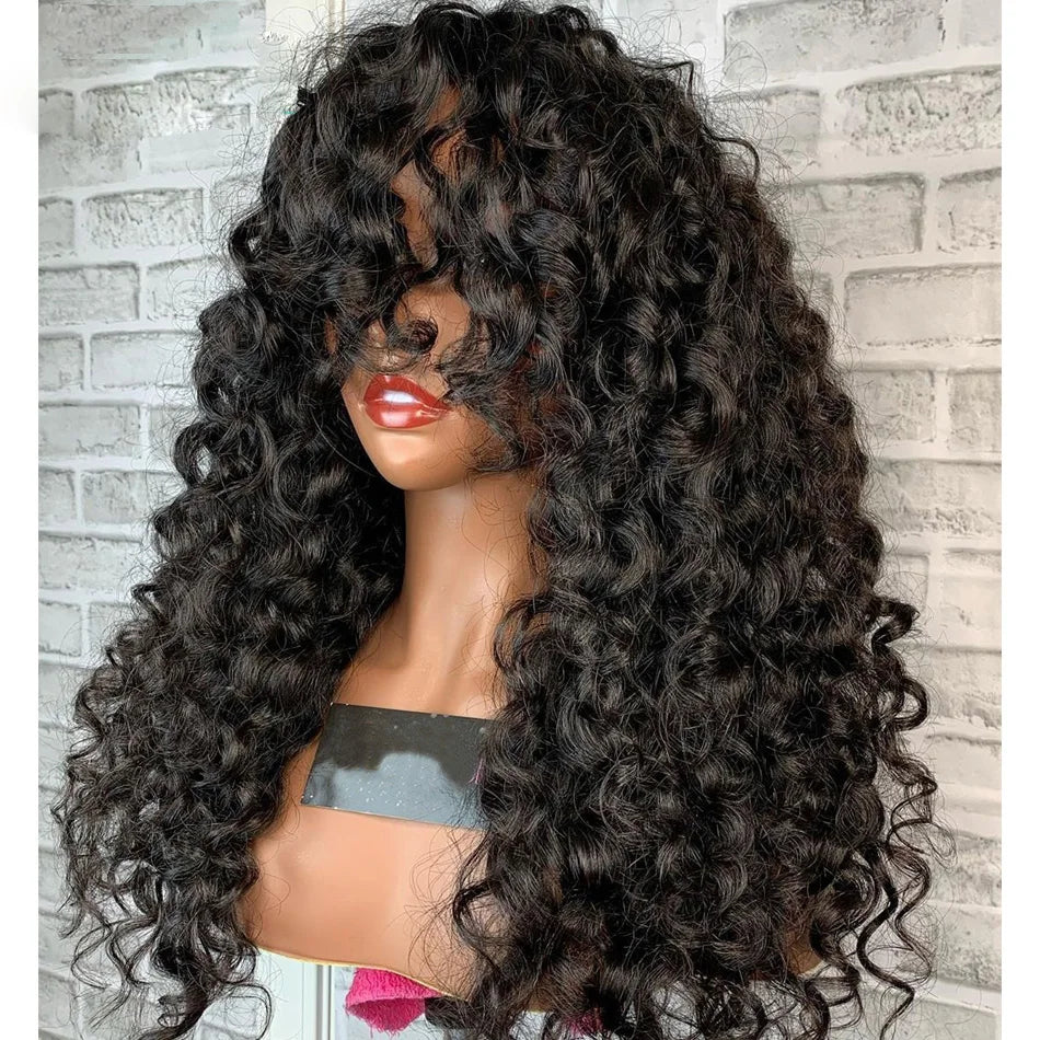 Soft 26“Long Natural Black Kinky Curly 180Density Lace Front Wig With Bangs Synthetic For Women High Resistant Glueless Daily
