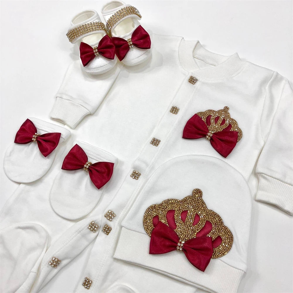 Dollbling Butterfly Jewelry Crown Gift Clothing Sets Welcome Home Lace Baby Rompers Mittens Bonnet Pajamas Outfit 4pcs Layette