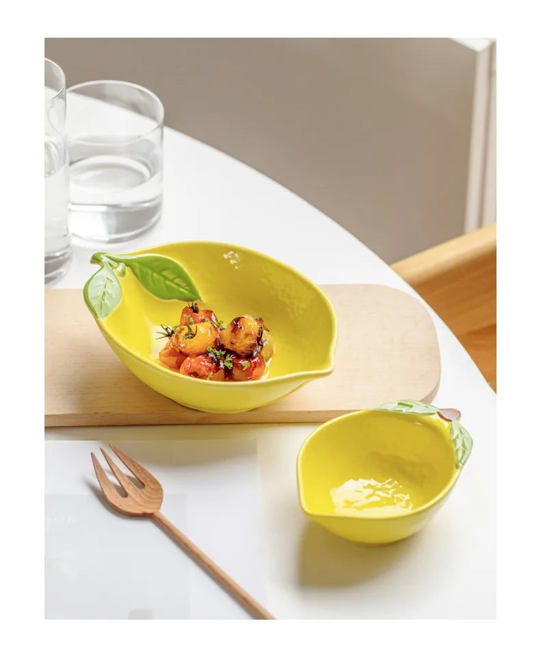 Creative Cartoon Lemon Shaped Ceramic Salad Bowl Soup Bowl Family Fruit Snack Plate Kitchen Utensils Accessories