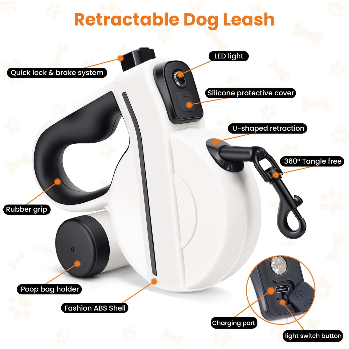16ft USB LED Retractable Dog Leash, Reflective & Tangle-Free with Poop Bag Holder for Night Safety, Black