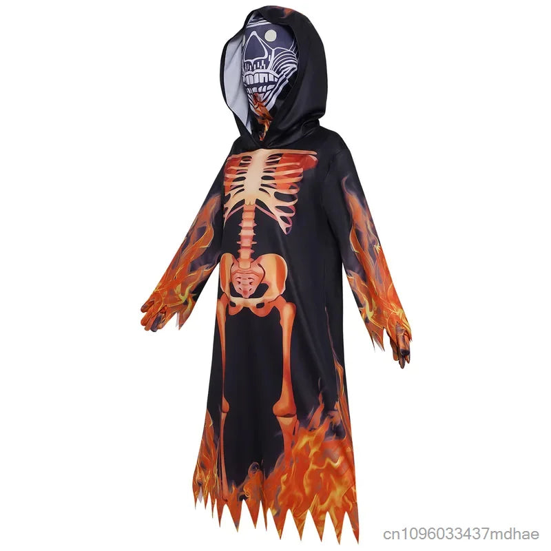 Halloween Costumes Hooded Robe Scary Death Skull Cosplay Suits Party Stage Performance Flame Skeleton Ghost Role Play Outfits
