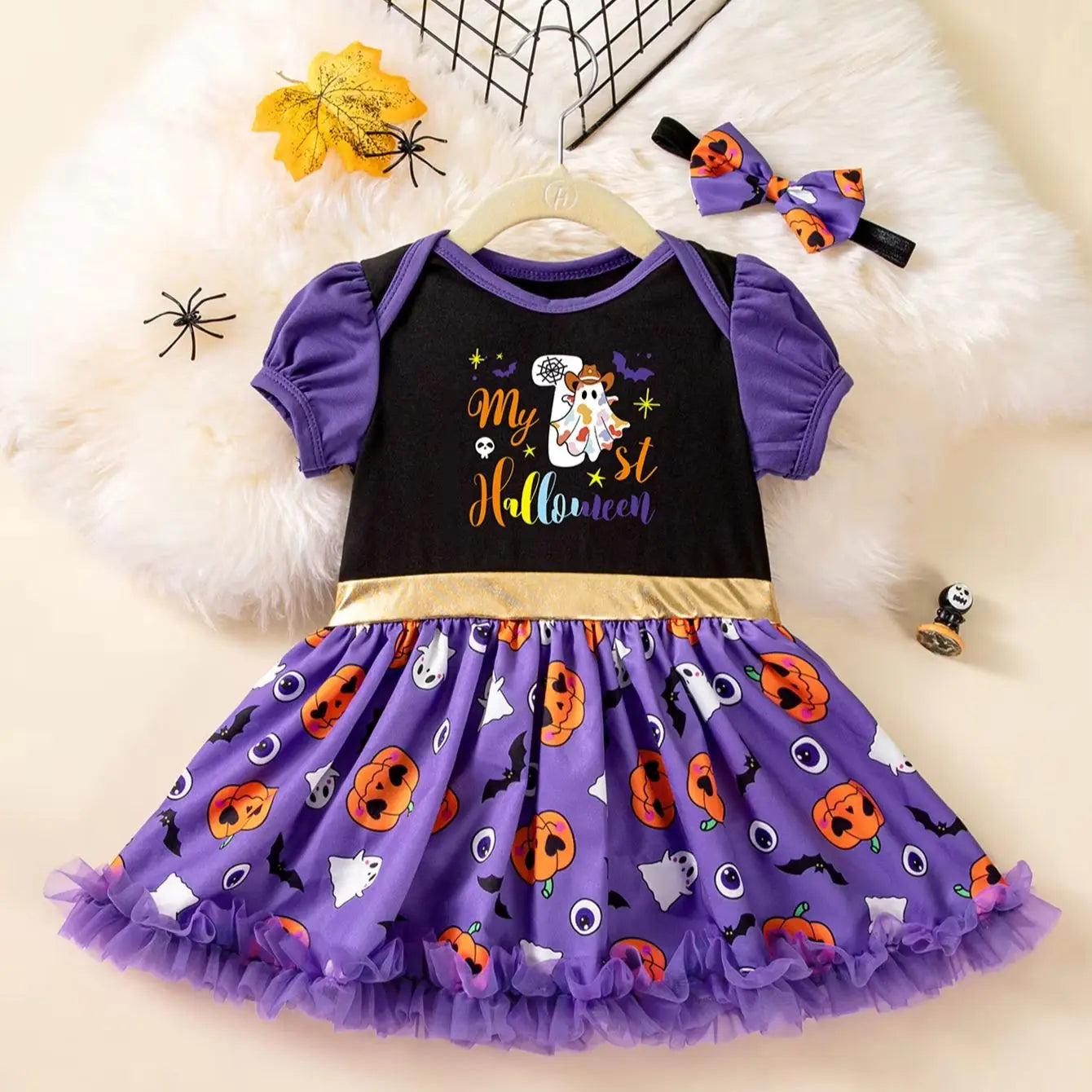 2Pcs Baby Girl My 1st Halloween Dress Set + Bow Headband