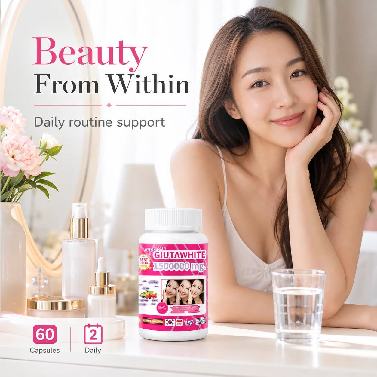 Glutathione Beauty Complex with Collagen, Vitamin C, CoQ10, Hyaluronic Acid & Biotin, Antioxidant Skin Support, 60 Capsules