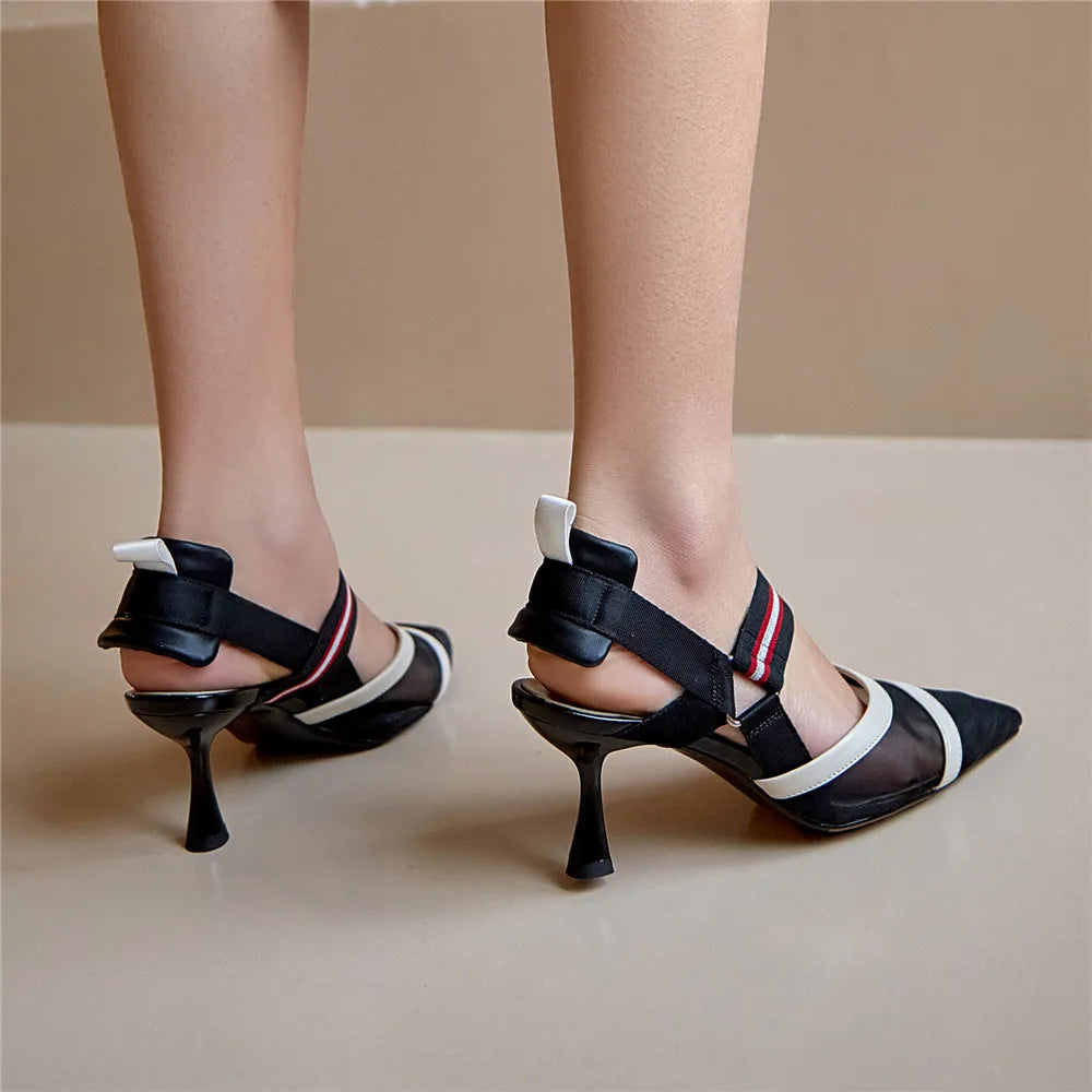 Aucegi Pointy Toe Thin High Heel Slingback Sandals Women Brand Design Elegant Genuine Leather Splicing Mesh Party Dress Shoes