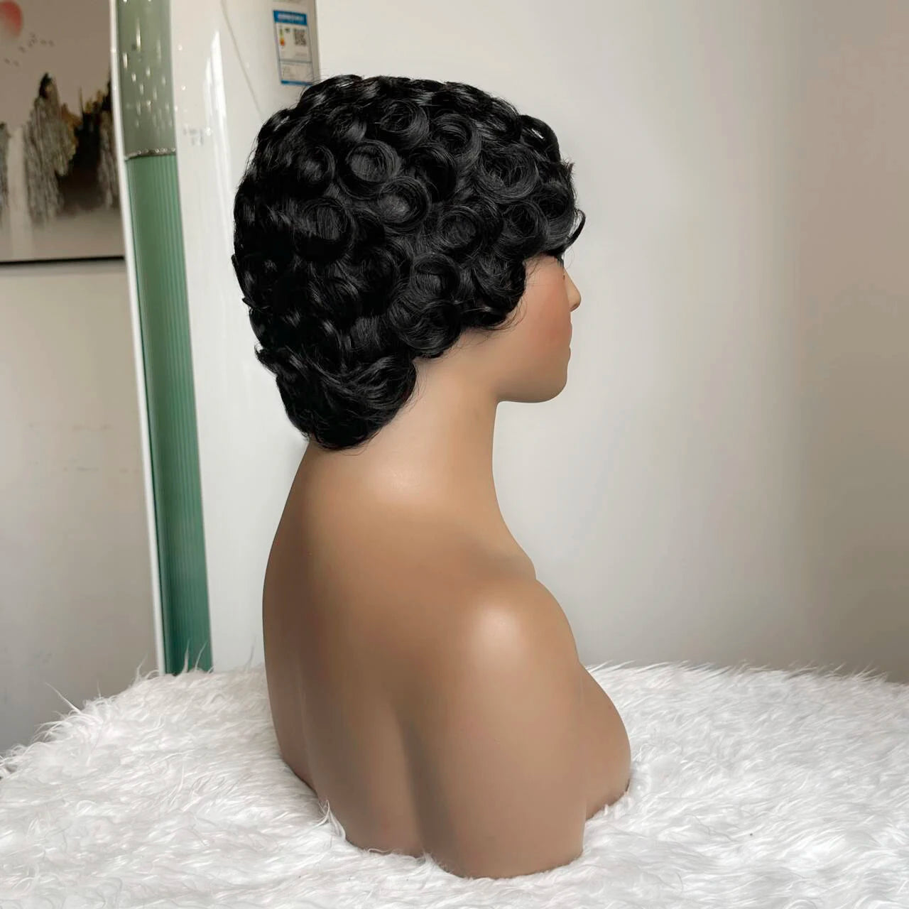 Short Layered Pixie Curly Wigs Human Hair Chic Pixie Cut Human Hair Wig With Bangs Black Color Full Machine Made For Women