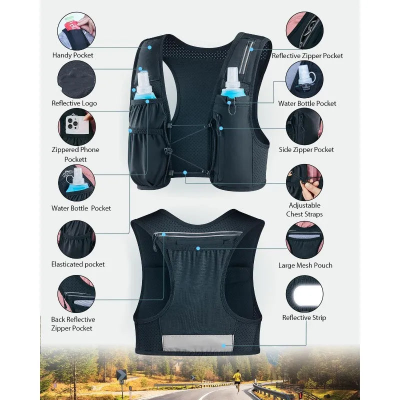 Women's Men's Running Vest Adjustable Chest Strap Running Hydrating Vest Lightweight Reflective Hydrating Backpack
