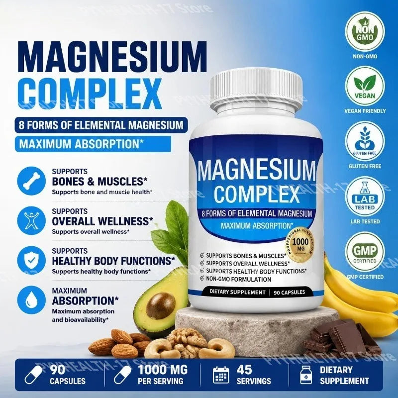 Nutrition Magnesium Complex Capsules 8-Form Elemental Magnesium Supports Healthy Body Functions 1000 Mg 90 Capsules