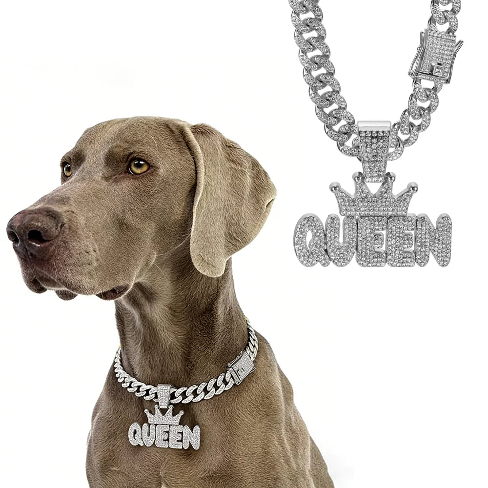 Cuban Dog Chain, Aluminum Alloy Pet Dog Collar, Gold Necklace for Small to Large Dogs Cats King Queen Pendant Jewelry Accessory