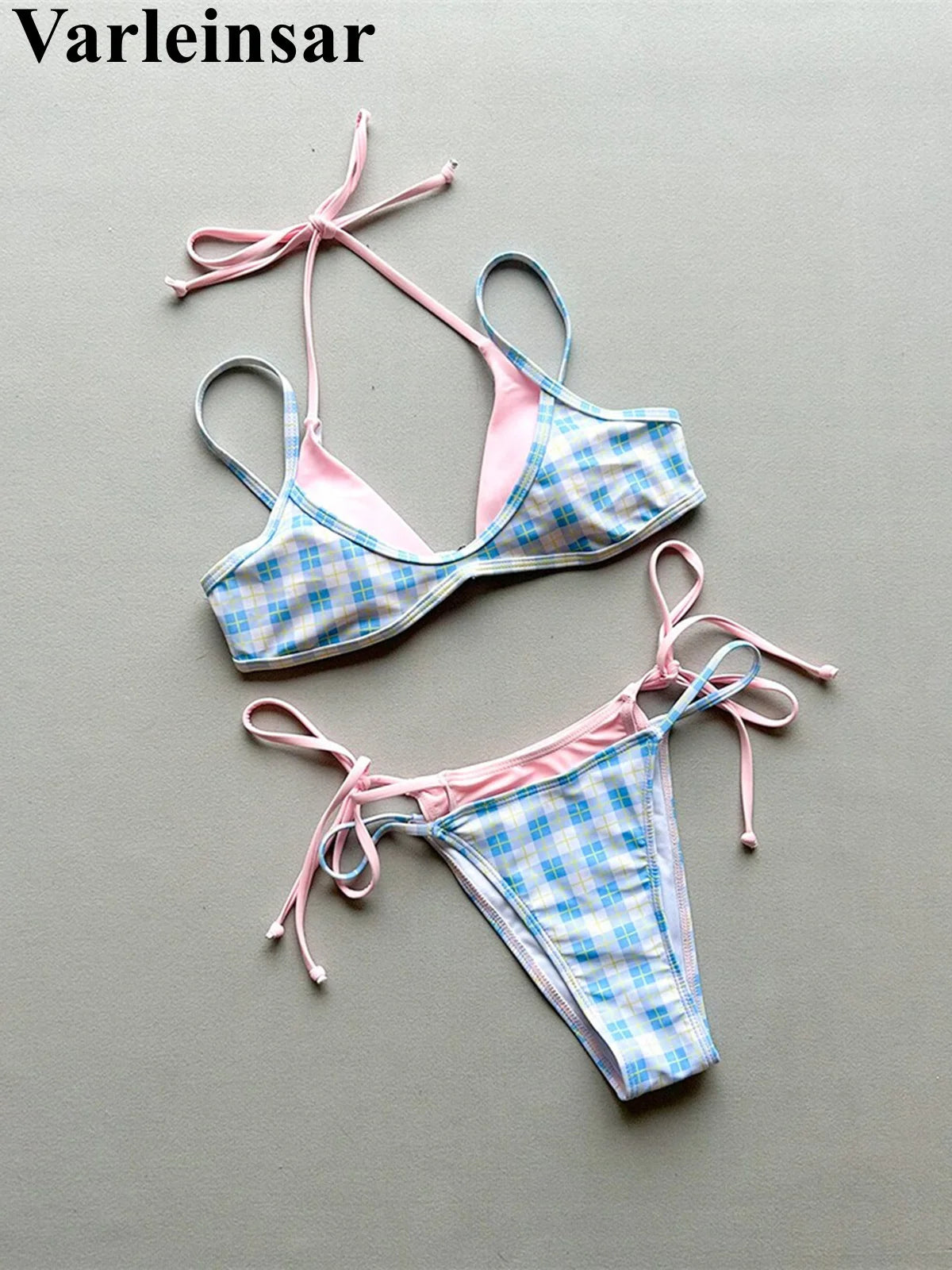 Sexy Polka Dot Plaid Halter Bikini Female Swimsuit Women Swimwear Two-Pieces Bikini Set Splicing Bather Bathing Suit Swim V8027