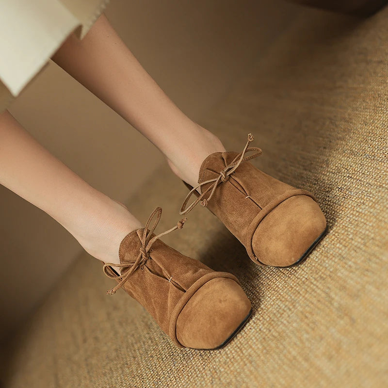 2025 New Women Pumps Sheep Suede Leather Shoes for Square Toe Low Heel Shoes Casual Lace-up Handmade Shoes 34-42 Women Heels