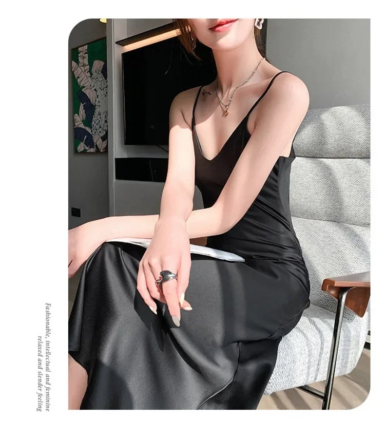 Silk V-neck Slim-fit Satin Dress Sexy Strap Long Gown for Women New 2025 Spring Summer Inner Wear Dress Elegant Lady Dress