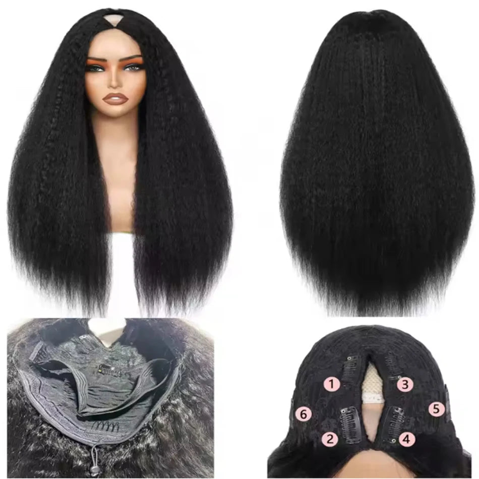 Kinky Straight V Part Wig Human Hair For Women with Drawstring 250% Density Upgrade Glueless U Part Wig No Leave Out No Sew In