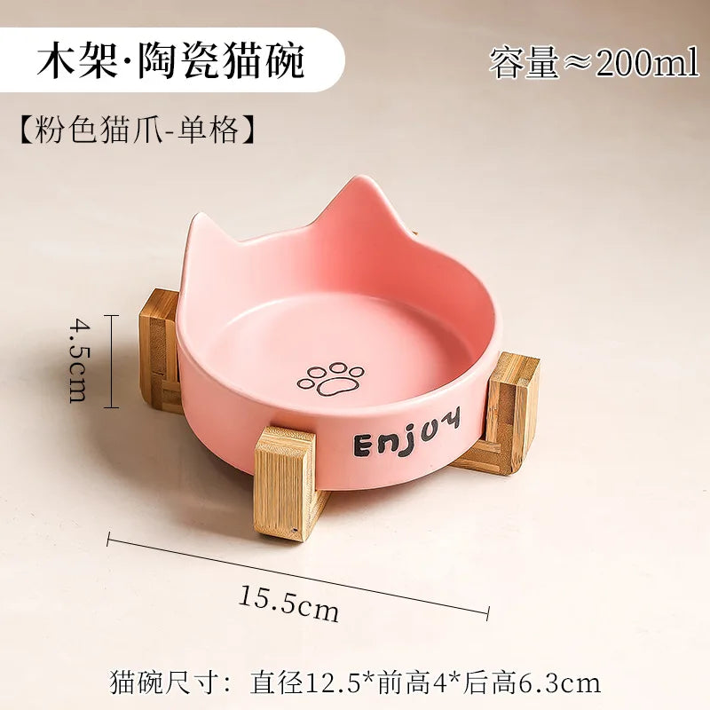 Ceramic Double Bowl Pet Cat Bowl Anti-Slip Heightened Bamboo Table Feeding Bowl Pet Supplies Water Feeders Small Dogs Supplies