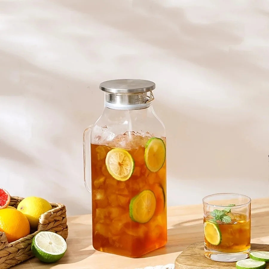 JUSTINLAU 1.2/2L Cold Water Jug High Borosilicate Glass Water Pitcher for Steamed Juice Fruit& Iced Tea Home Kitchen Accessories