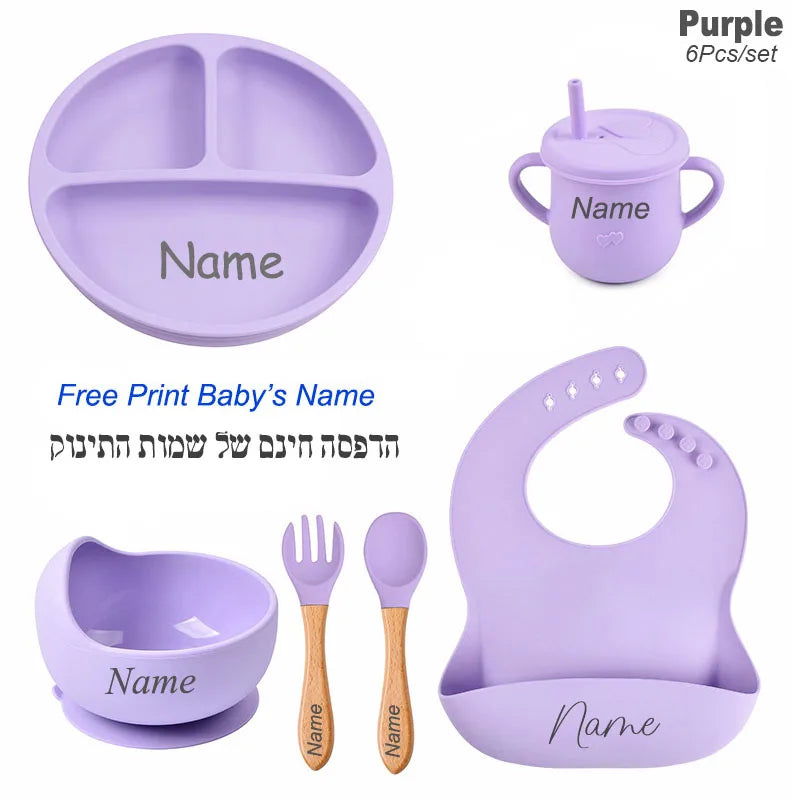 6PCS Silicone Feeding Set For Baby Personalized Name Logo Plate Bowl Customized Newborn Gift Silicone Straw Cup BPA Free