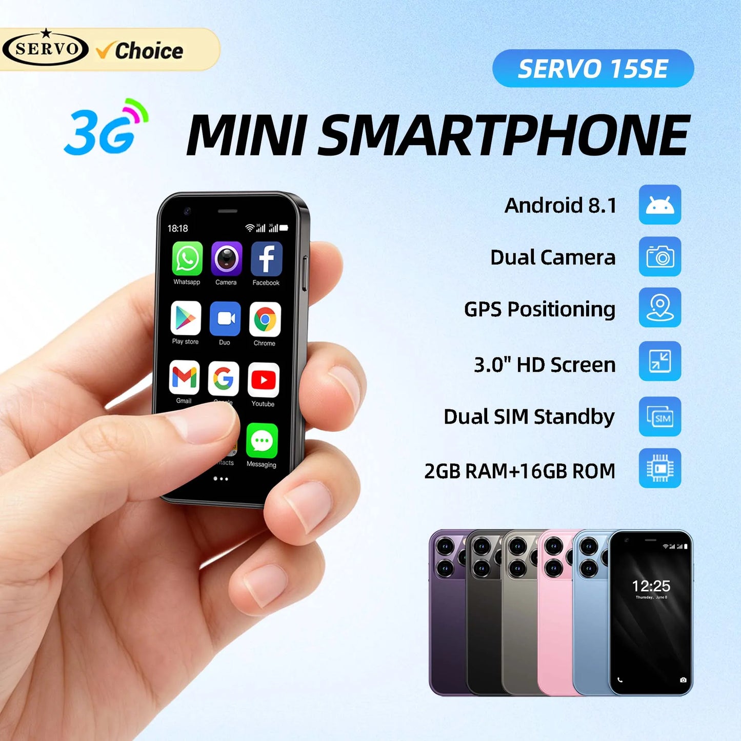 SERVO 15SE Ultra Mini Palm Smartphone 3G WCDMA Android Dual SIM WiFi Hotspot GPS Play Store 16GB ROM 3.0" Pocket Mobile Phone
