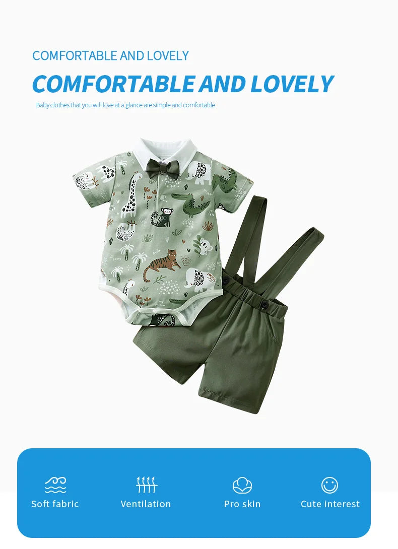 Newborn Baby boys Clothes Set Animal - Green print Fashion Summer Toddler Outfit short sleeve straps Clothe 2-piece outing suit
