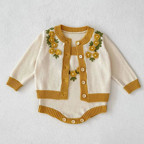 Autumn Winter Newborn Baby Girls Knitting Clothing Set Floral Embroidery Cardigan+Jumpsuit Infant Baby Knitted Clothes Suit