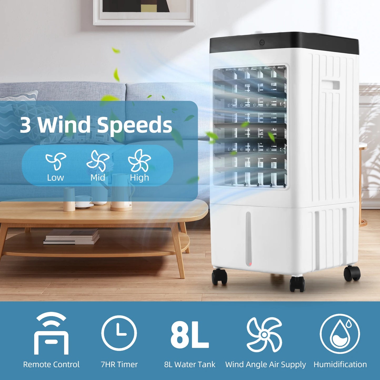 Evaporative Air Cooler 100° Oscillation Swamp Cooler with Remote Control / 2 Ice Boxes / 2.11 Gal Water Tank 1-7H Timer