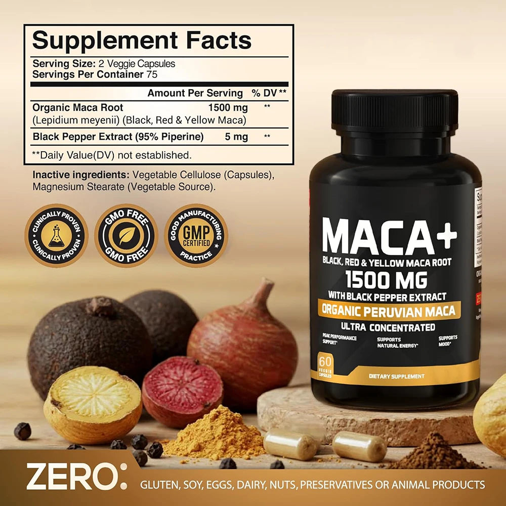 1500mg Organic Maca Root, Black, Red & Yellow - 60 Capsules - Black Maca Root Capsules for Men Supplement - Non-GMO, Gluten-Free