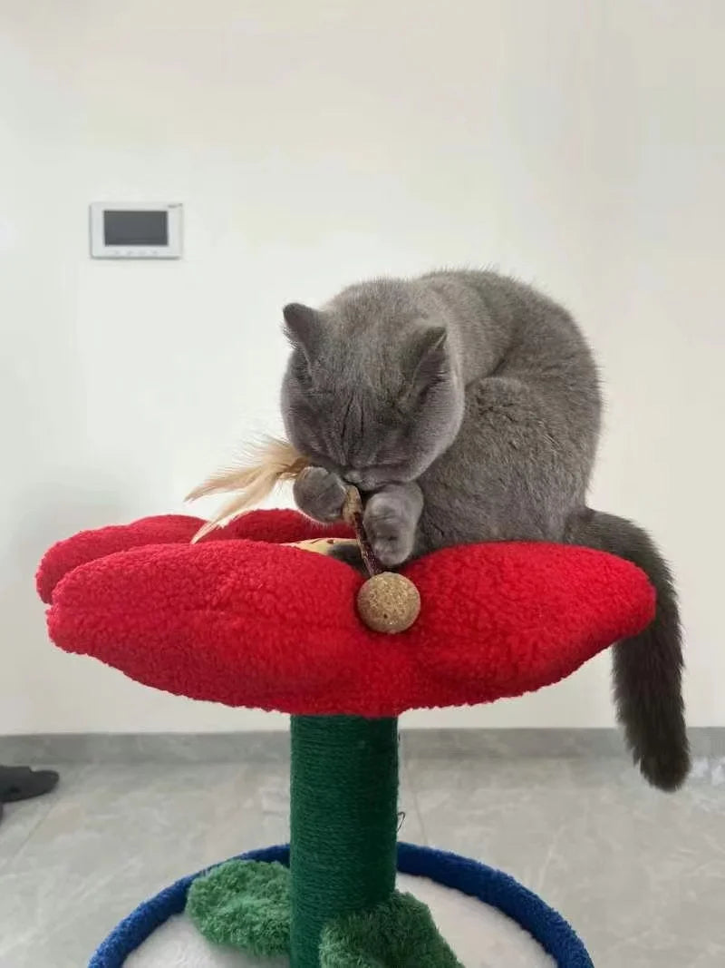 Red Flower Potted Cat Tree with Integrated Cat Bed Below Medium-Sized Cat Tree (Suitable for Cats Under 15 lbs)
